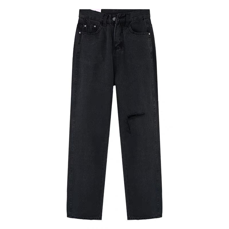 Quần Denim Jean Ống Suông Nam Nữ Đen Pha Rách Gối Xẻ Lưng Cao