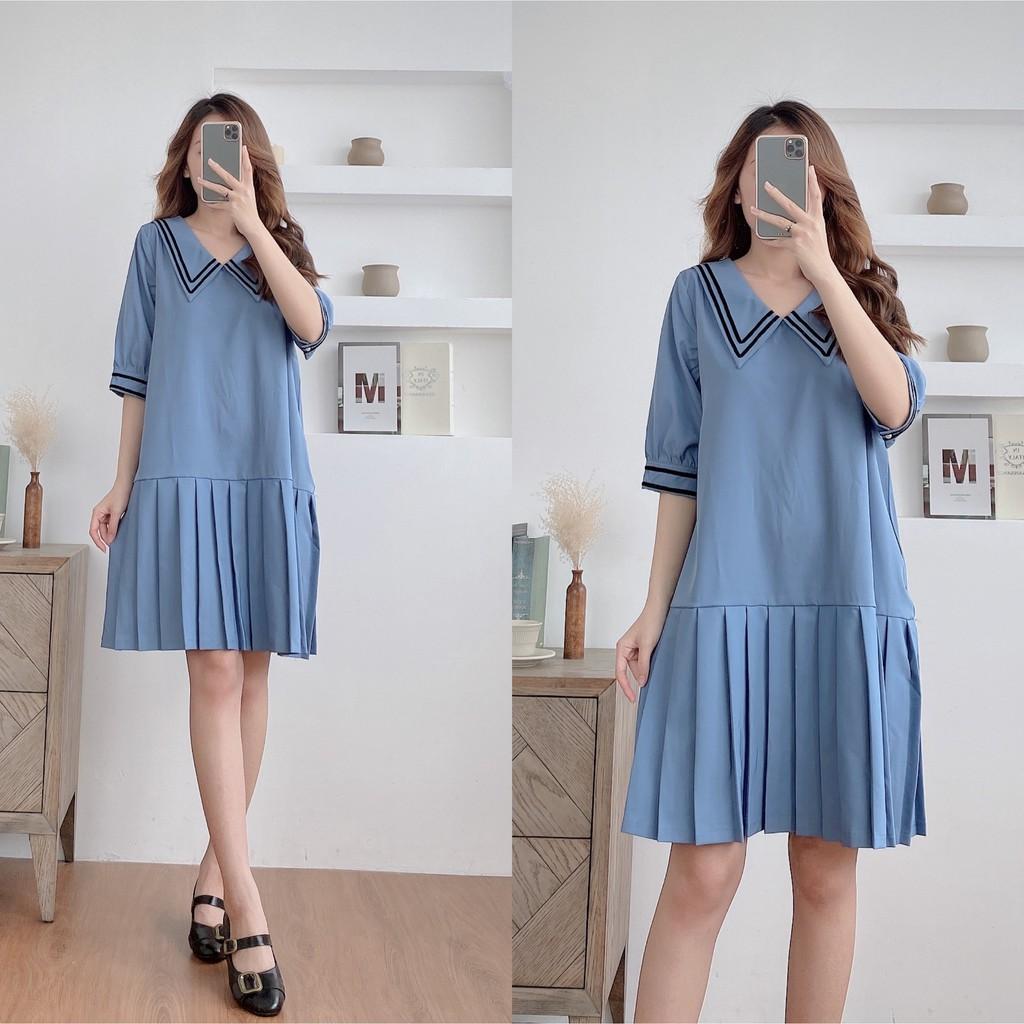 Váy suông cổ đức viền sọc, chân xếp ly, đầm xuông rộng tay lỡ 2 màu mã V167 - Michi's House