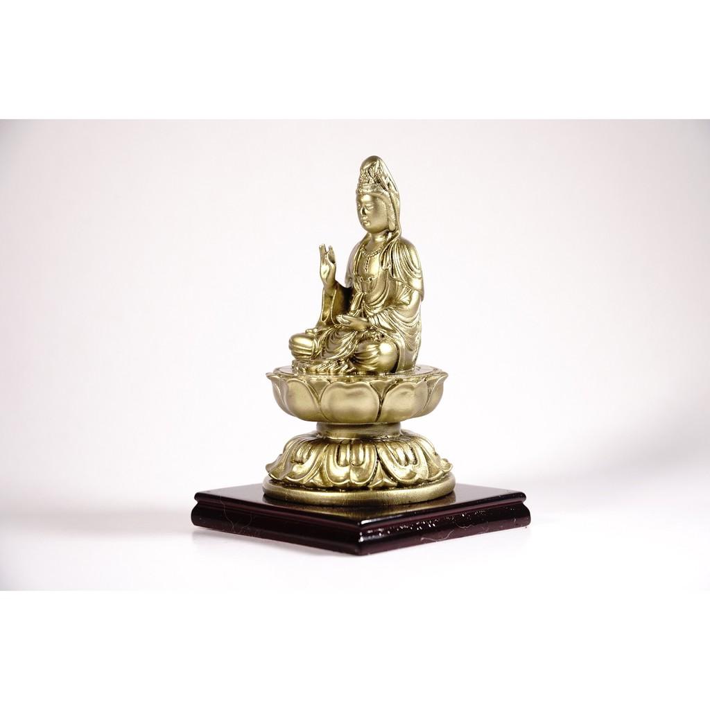 Tượng Quan Âm Bồ Tát ngồi tòa sen có đế mạ đồng - Cao 12cm