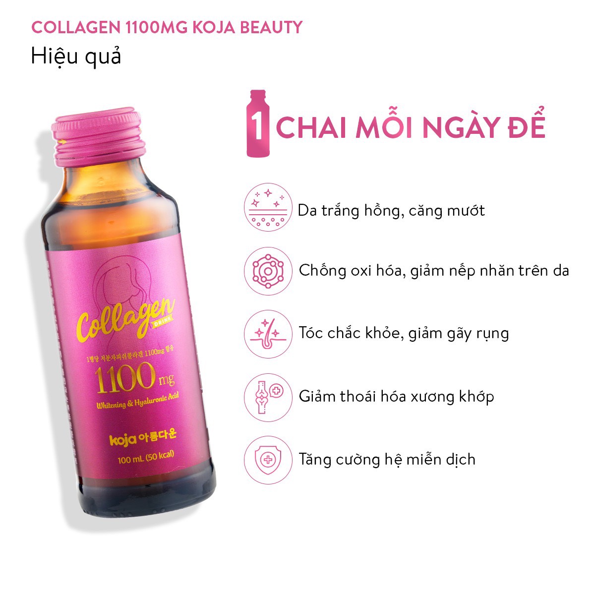 Nước uống bổ sung Collagen Koja Beauty nhập khẩu chính ngạch từ Hàn Quốc 1100mg, hộp 10 lọ x100ml lọ