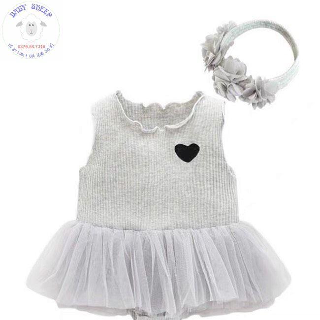 Váy đầm công chúa cho bé sơ sinh đầy tháng thôi nôi thêu họa tiết trái tim kèm băng đô hoa Baby Sheep