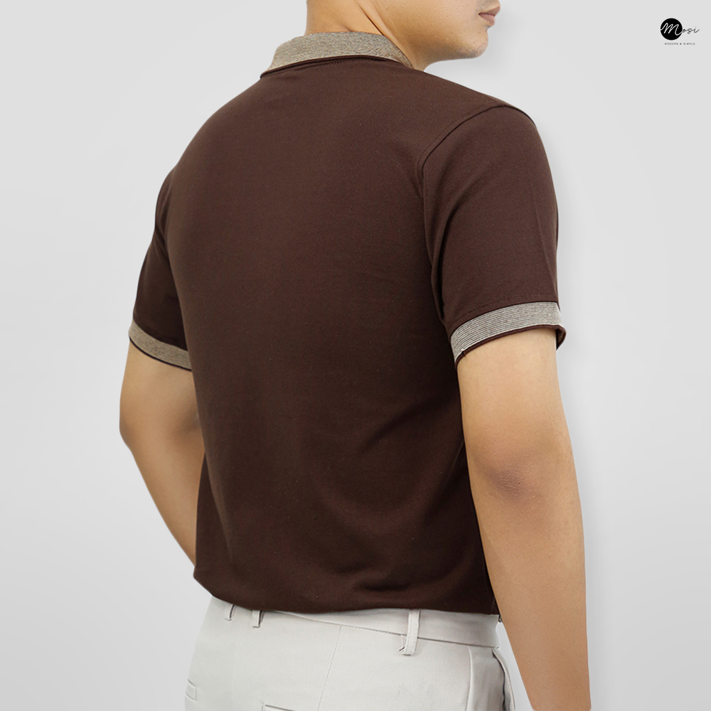 Áo polo nam cổ bẻ phối viền vải cotton chuẩn form, lịch sự, năng động, NÂU ĐẤT - MOSI