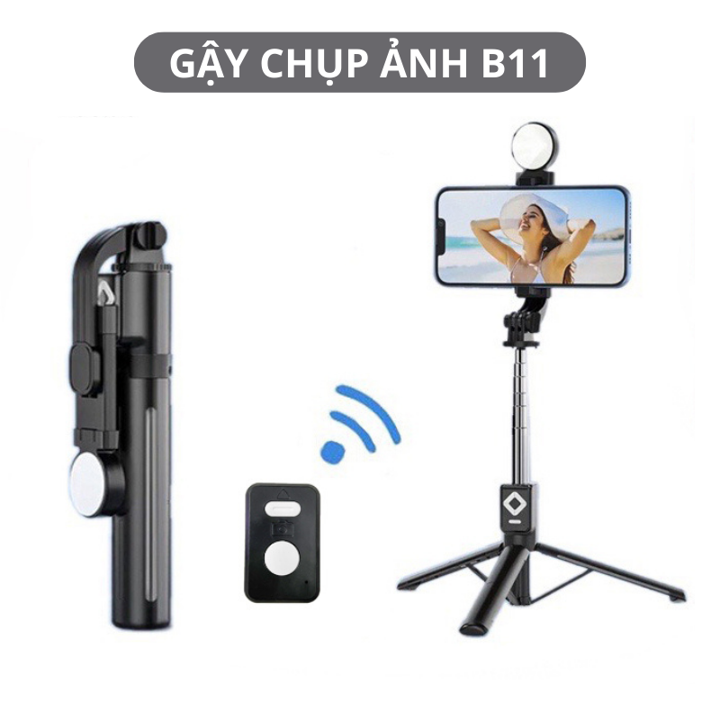 Gậy chụp ảnh/ Gậy selfie B11s tích hợp 3 chân kèm đèn flash mini và remote từ xa - Hàng nhập khẩu