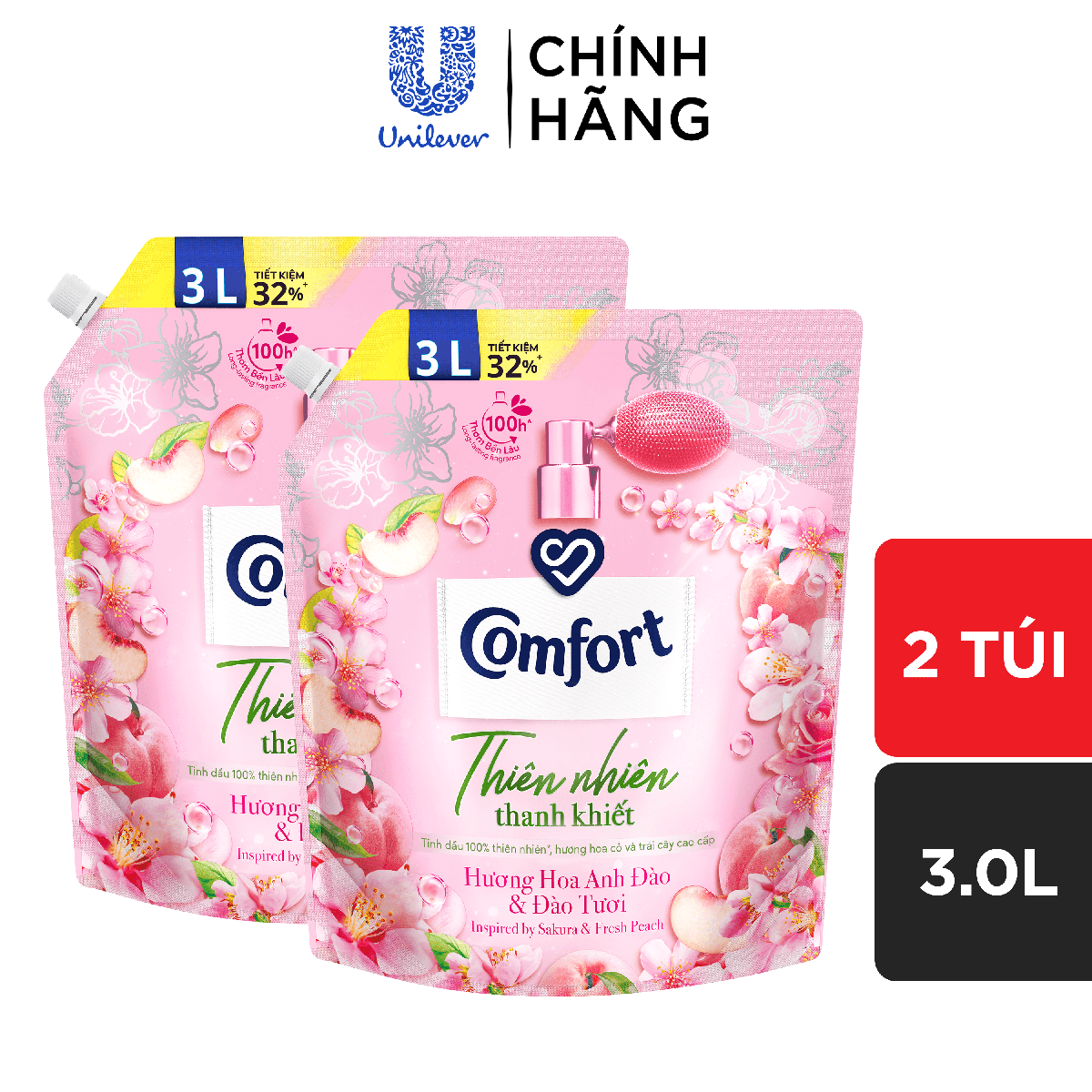 Combo 2 Túi Nước Xả Vải Comfort Thiên Nhiên Thanh Khiết Hương Hoa Anh Đào &amp; Đào Tươi 3.0L