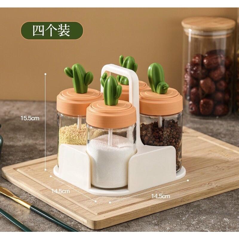 Hộp Đựng Gia Vị Bằng Thủy Tinh - Bộ 4 Hộp Hình Xương Rồng Kèm Khay Đựng Siêu Xinh
