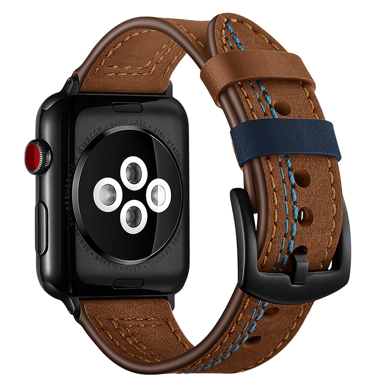 Dây đồng hồ, dây da 07 viền chỉ khóa thép không gỉ cho Apple Watch