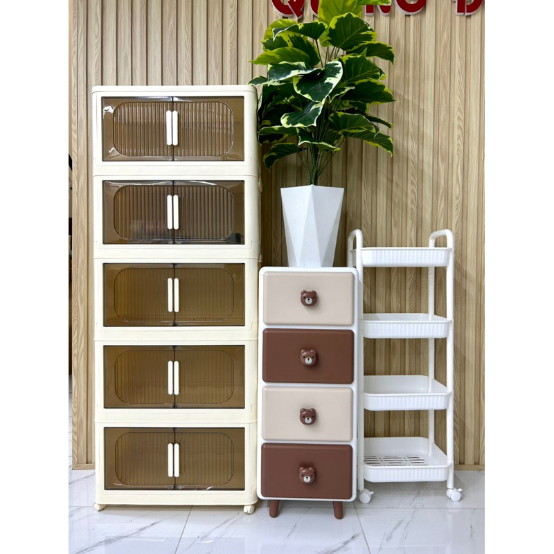 (4/5 Tầng) Tủ Nhựa Gấp Gọn Đựng Đồ, Tủ Nhựa Lắp Ghép Đựng Quần Áo, Kèm Bánh Xe Xoay 360 Độ, Tháo Lắp Dễ Dàng