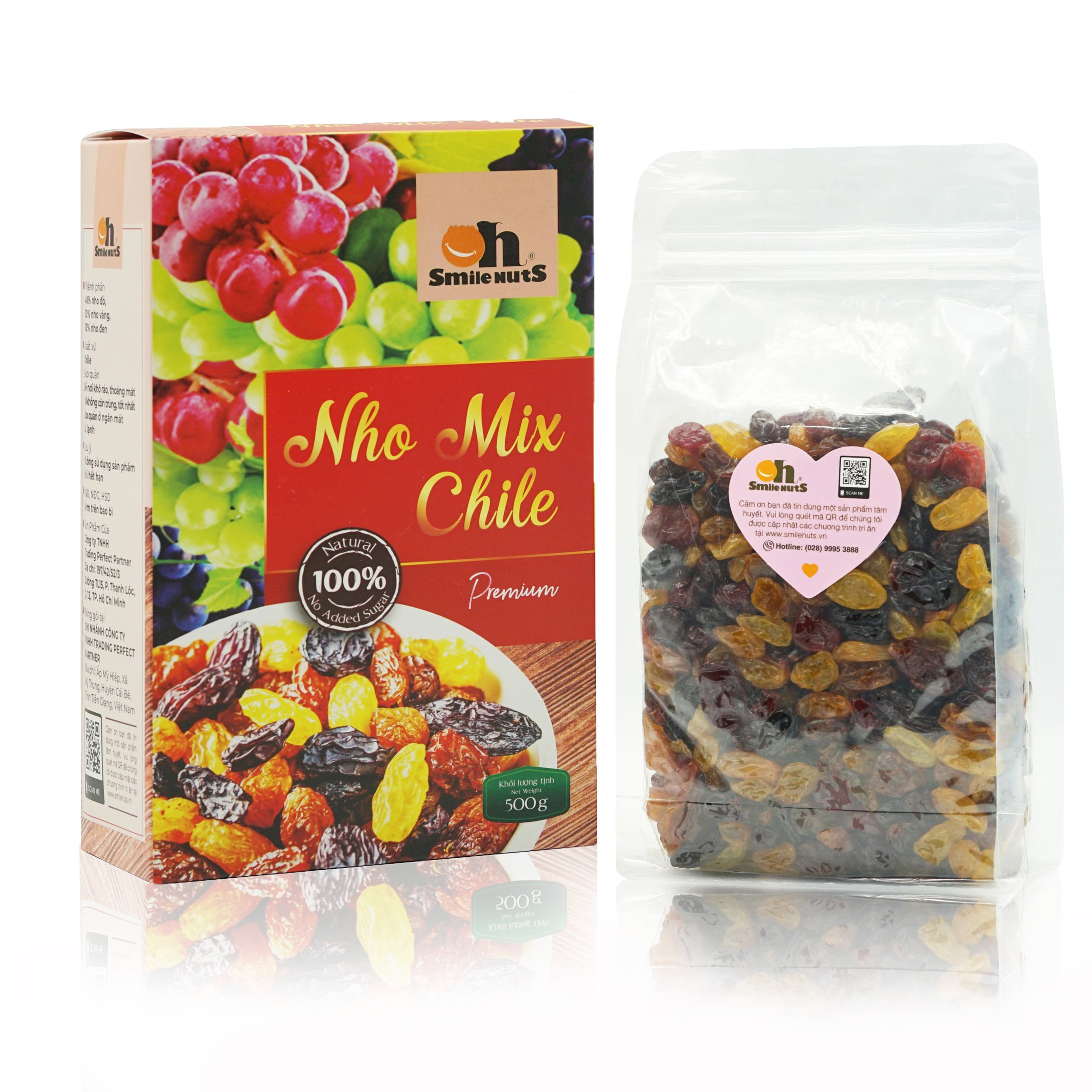 Nho Khô Mix Không Hạt Smile Nuts Hộp 500g - Nhập khẩu từ Chile (nho khô hỗn hợp gồm nho đen, nho đỏ và nho vàng)