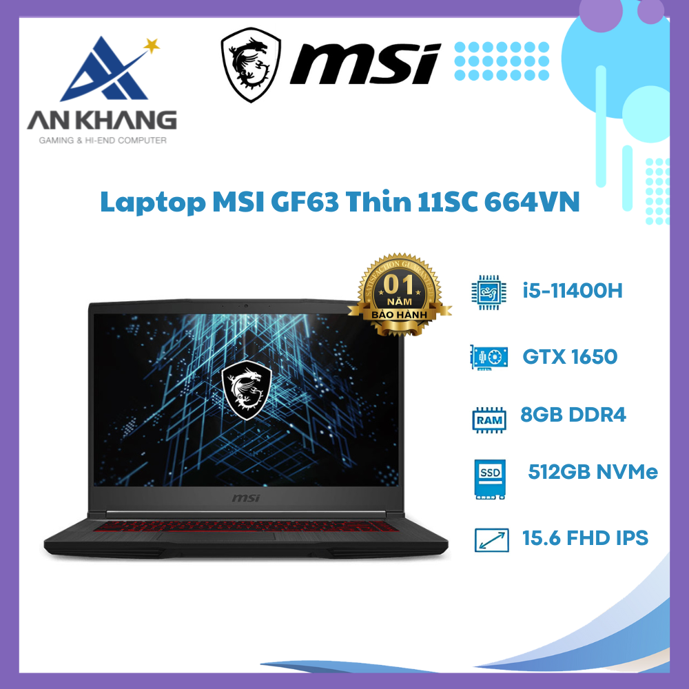 Laptop Gaming MSI GF63 Thin 11SC 664VN (i5-11400H/8GB/512GB/GTX1650 4GB /15.6&quot; FHD 144Hz/Windows 11) - Hàng Chính Hãng - Bảo Hành 12 Tháng