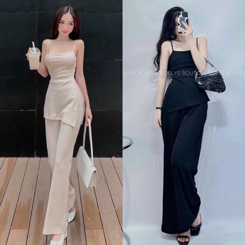 Set áo 2 dây xẻ tà kèm quần ống loe 2 màu