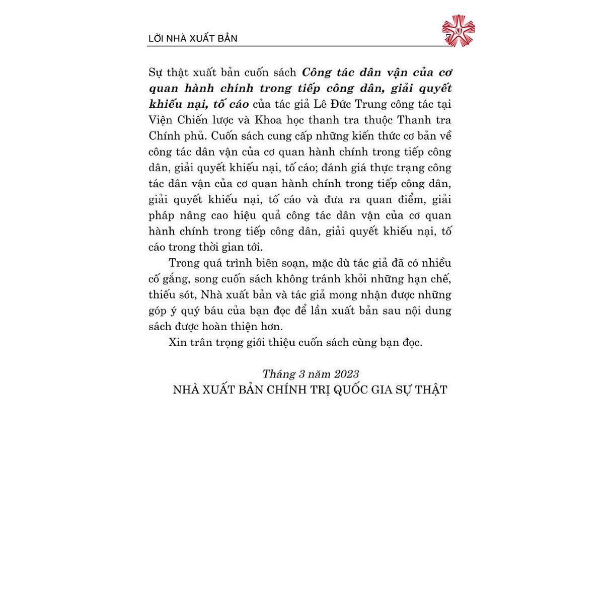 Sách - Công Tác Dân Vận Của Cơ Quan Hành Chính Trong Tiếp Công Dân, Giải Quyết Khiếu Nại, Tố Cáo - NXB Chính Trị Quốc Gia