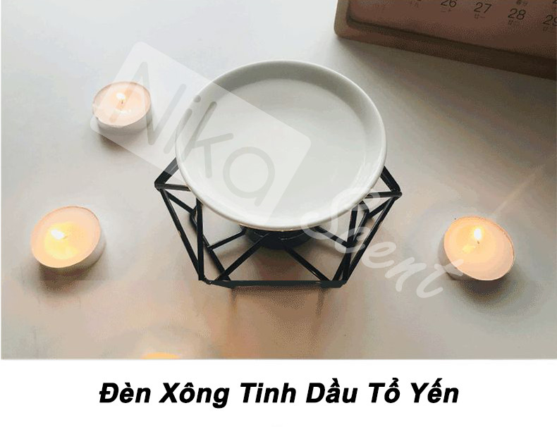 Nikascent Đèn đốt tinh dầu kim loại khử mùi, thơm phòng, thư giãn tinh thần + Tặng 1 lọ tinh dầu 5ml và 1 nến đốt