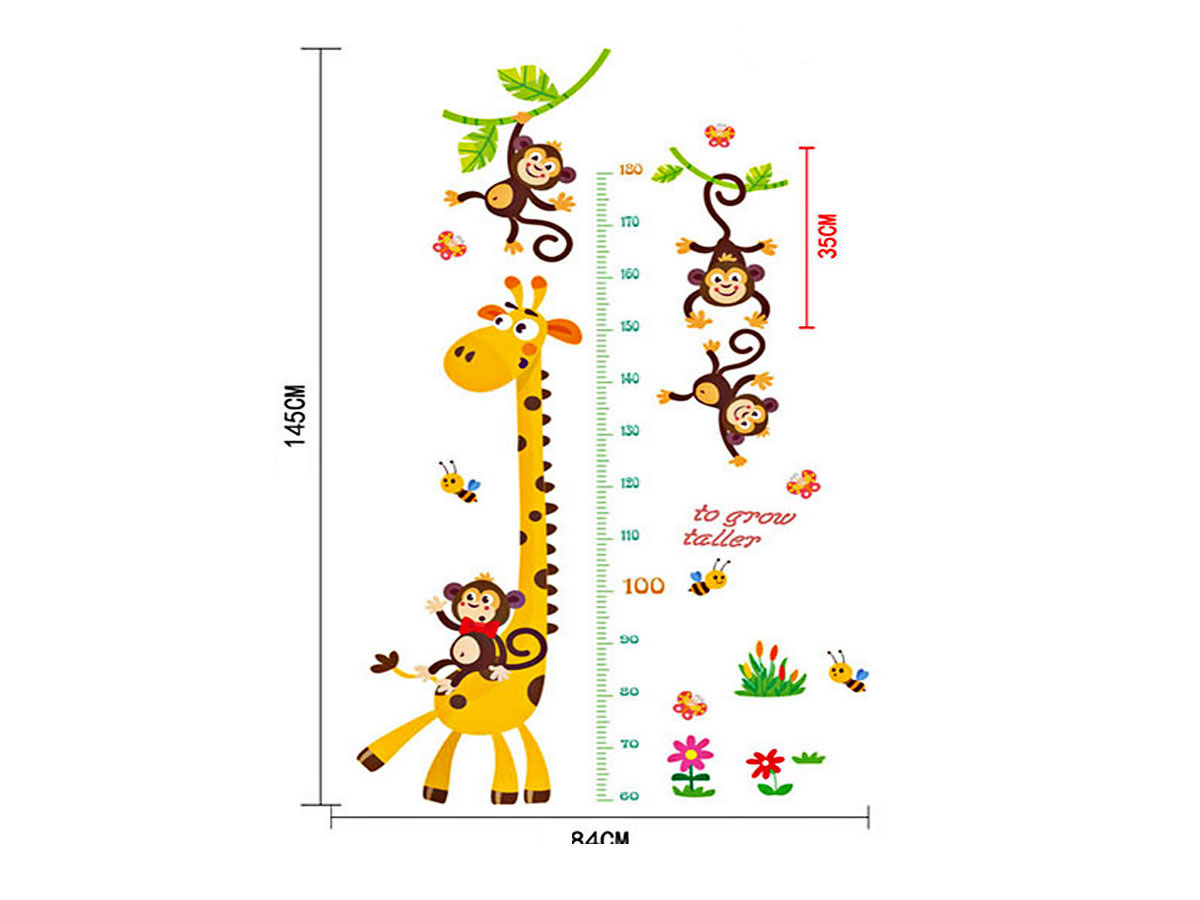 Decal dán tường cho bé thước đo chiều cao ngộ nghĩnh hươu cao cổ và khỉ sk9292