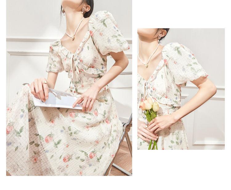 DONGSHOP Hiện tại giây phát trà nghỉ kiểu Pháp váy mùa hè khí chất nhỏ nhắn hoa v cổ siêu tiên tuyệt đẹp váy dài nữ