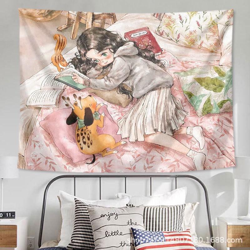 Tranh vải treo tường trang trí phòng, thảm decor hình cô gái siêu dễ thương