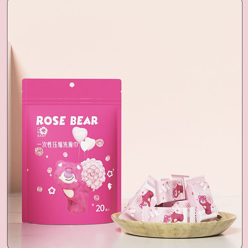 Túi 20 Viên Khăn Nén Rose Bear Hoạ Tiết Gấu Dâu Dễ Thương Tiện Lợi Khi Đi Du Lịch