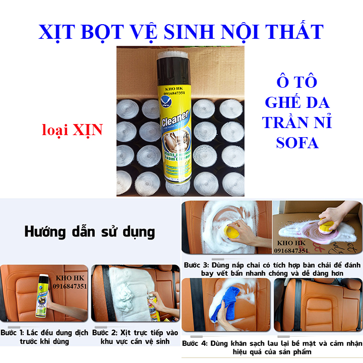 CHẤT TẨY RỬA Vệ Sinh Nội Thất Ô tô - Làm Sạch Ghế Da - Xịt bọt - Trần nỉ - Tẩy Ghế Sofa - Foam Cleaner