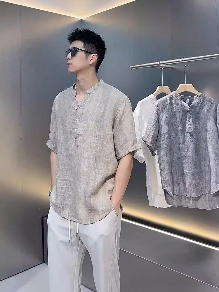 Áo sơ mi đũi trơn ngắn tay nam phối cúc đơn giản tinh tế, thanh lịch