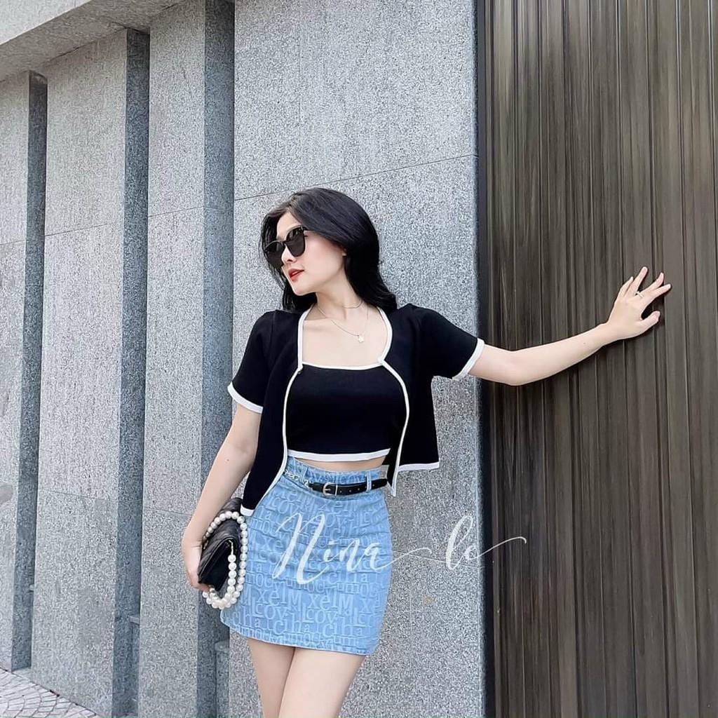 Sét bộ 3 món áo khoác viền né kèm áo trong và chân váy hoạ tiết