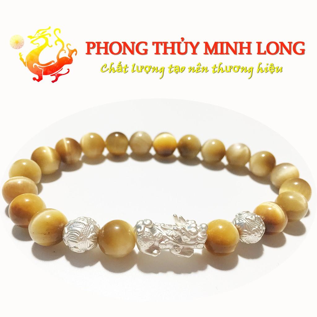 Vòng tay đá Mắt Hổ Vàng Tâm chất lượng 5A mix Tỳ Hưu và 2 Hạt Kim Tiền Bạc hợp mệnh Thổ và mệnh Kim
