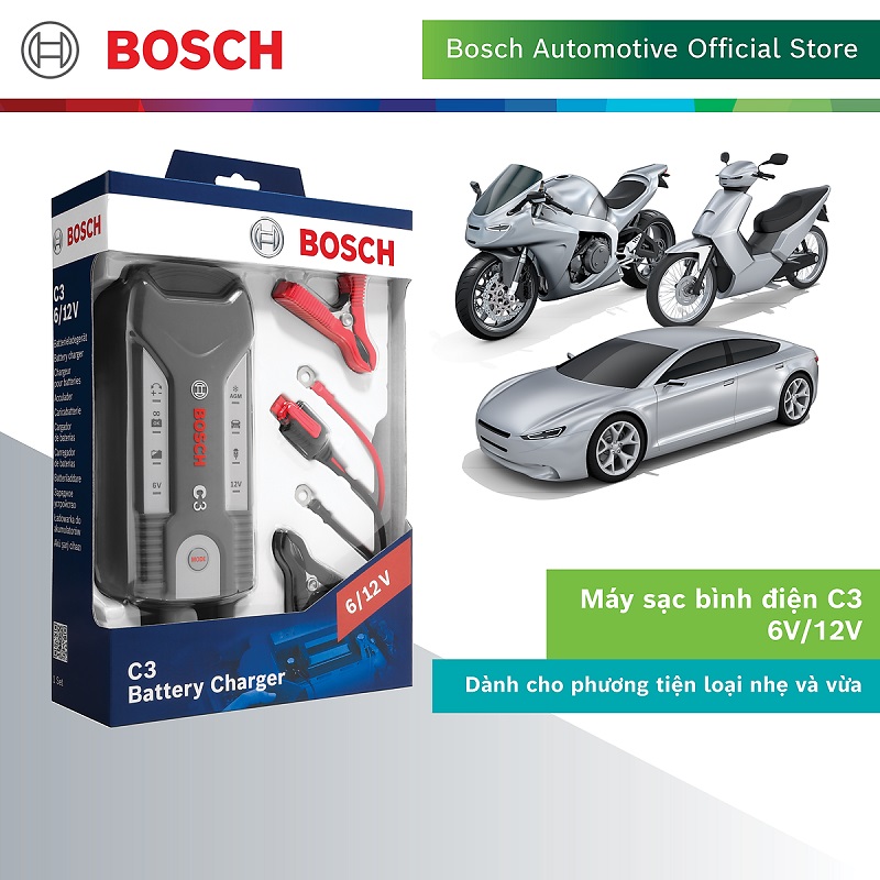 Máy Sạc Bình Ắc Quy BOSCH C3 Cho Ô Tô Xe Máy (6V – 12V) – Có 04 Chế Độ Sạc - Hàng Chính Hãng