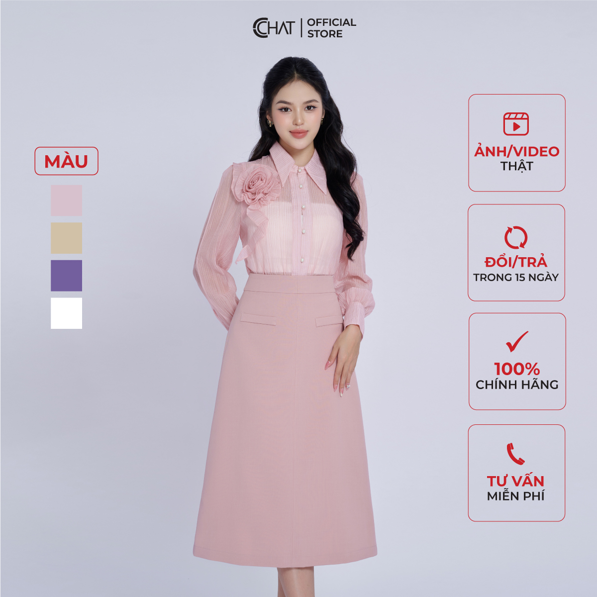 Áo Sơ Mi Nữ  Kèm Tag Hoa Lệch Vai Dáng Suông Chất Voan Mềm Nhẹ 13FDV2019ST