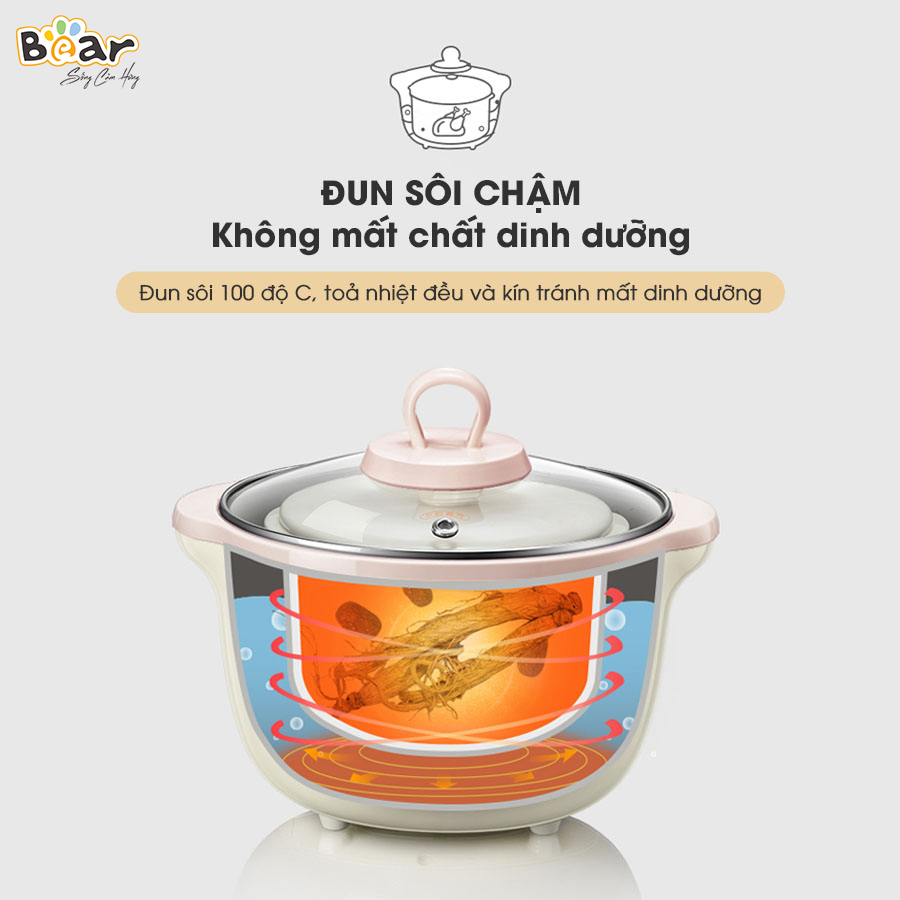Nồi nấu chậm Bear SUBE002 1,6L màu nâu với 7 chức năng cho các hoạt động: Nấu, hấp, hầm cách thủy, giữ 100% giá trị dinh dưỡng, ... có ruột nồi bằng sứ cao cấp