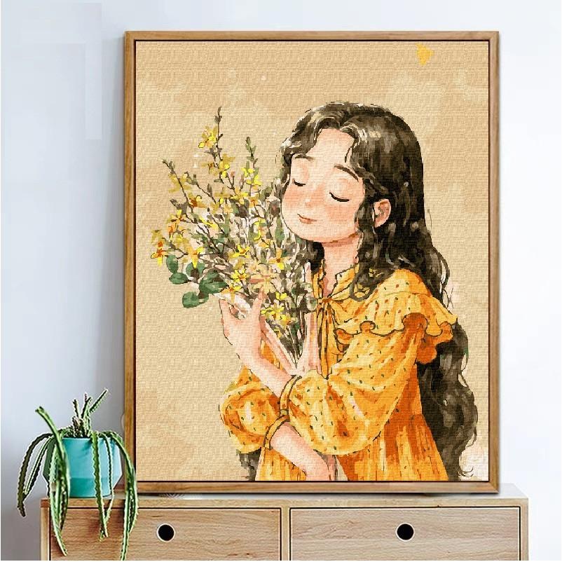 Tranh sơn dầu số hóa rẻ,đẹp-tranh tô màu theo số- tranh thiếu nữ, Tặng khăn,có khung 40x50-Moon shop-E