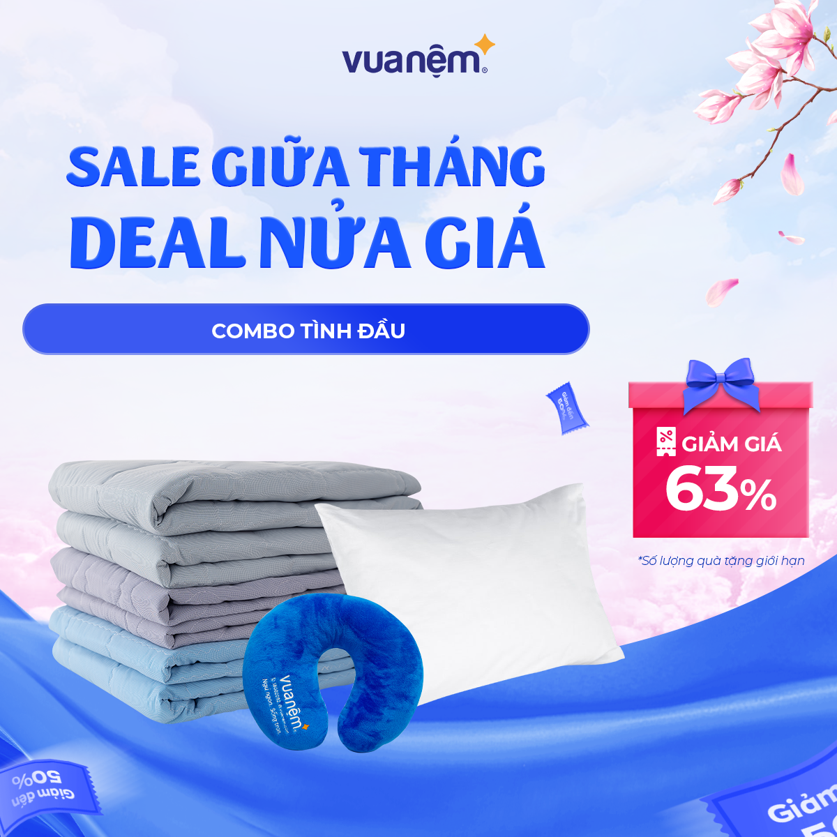 Combo Tình Đầu - 01 Chăn chần AMD Cozy 160*200cm + 01 Gối nằm Doona Promo 45*65cm + 01 Gối tựa cổ Vua Nệm 32*28cm