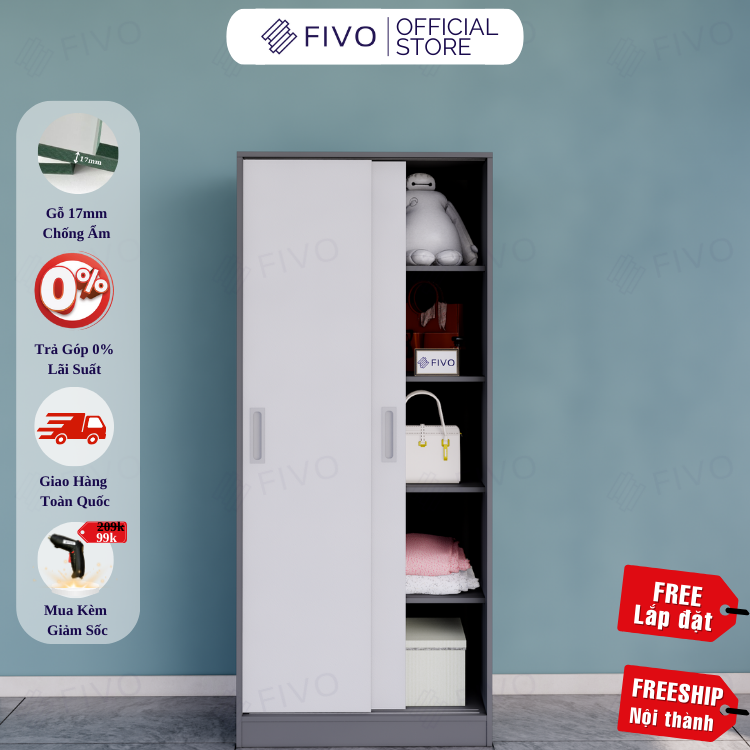 Tủ Áo Quần Cửa Trượt Màu Xám Sang Trọng FIVO FC31, Gỗ Chống Ẩm Cao Cấp Dày Dặn, Sức Chứa Bên Trong Lớn