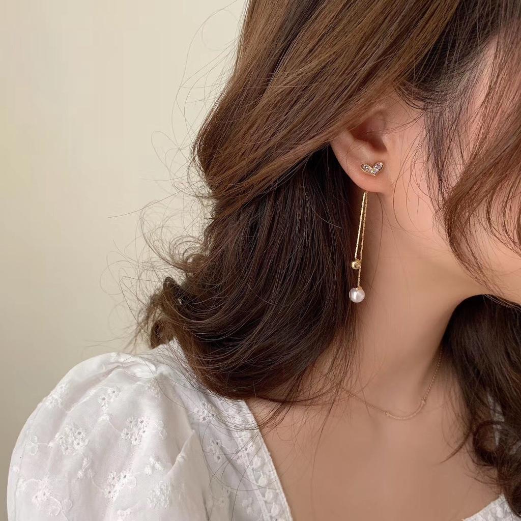 Bông Tai Dài Hình Trái Tim Đính Đá Hàn Quốc Siêu Sang Mainia Shop