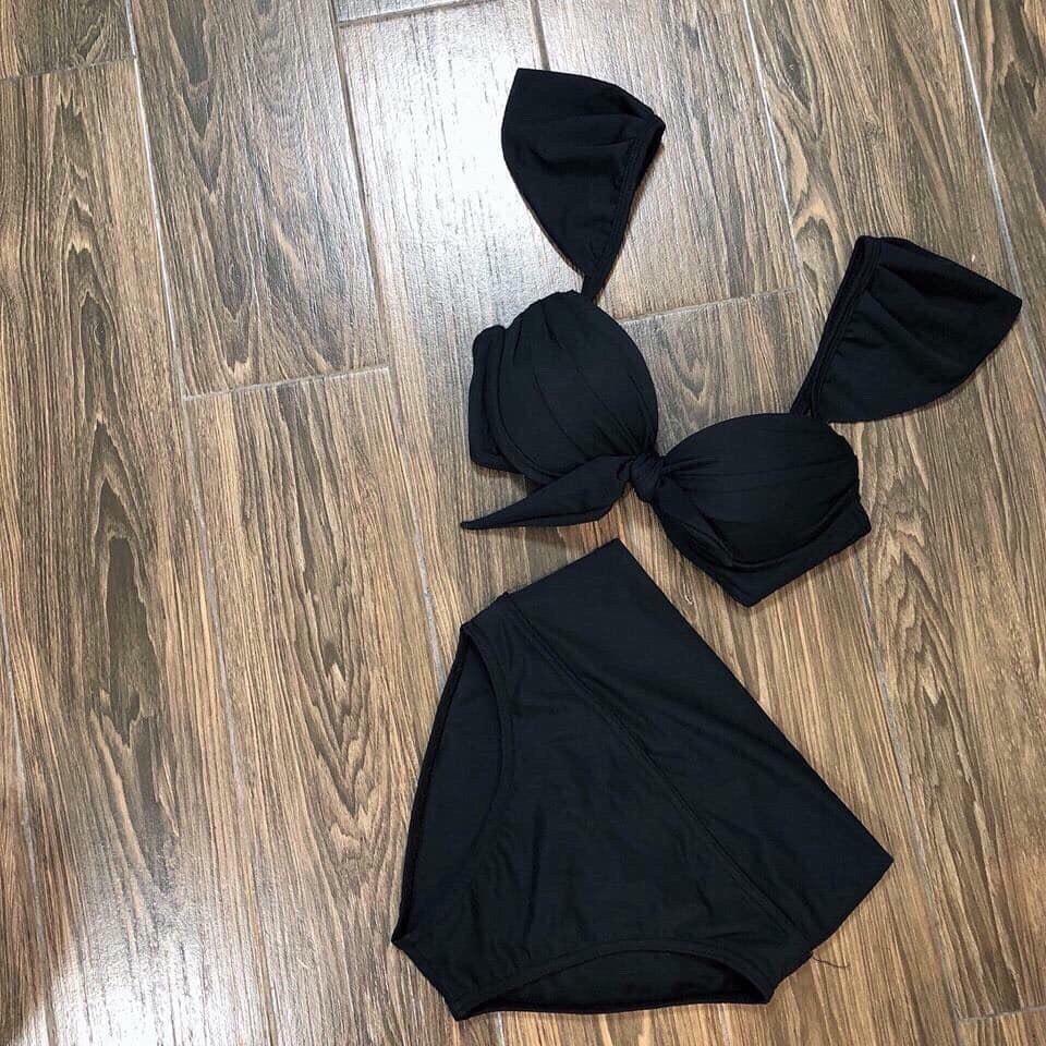 Bikini, Đồ Bơi Đi Biển Hai Mảnh Nơ ngực Cánh Tiên Cạp Cao Đen ODERI HM-041