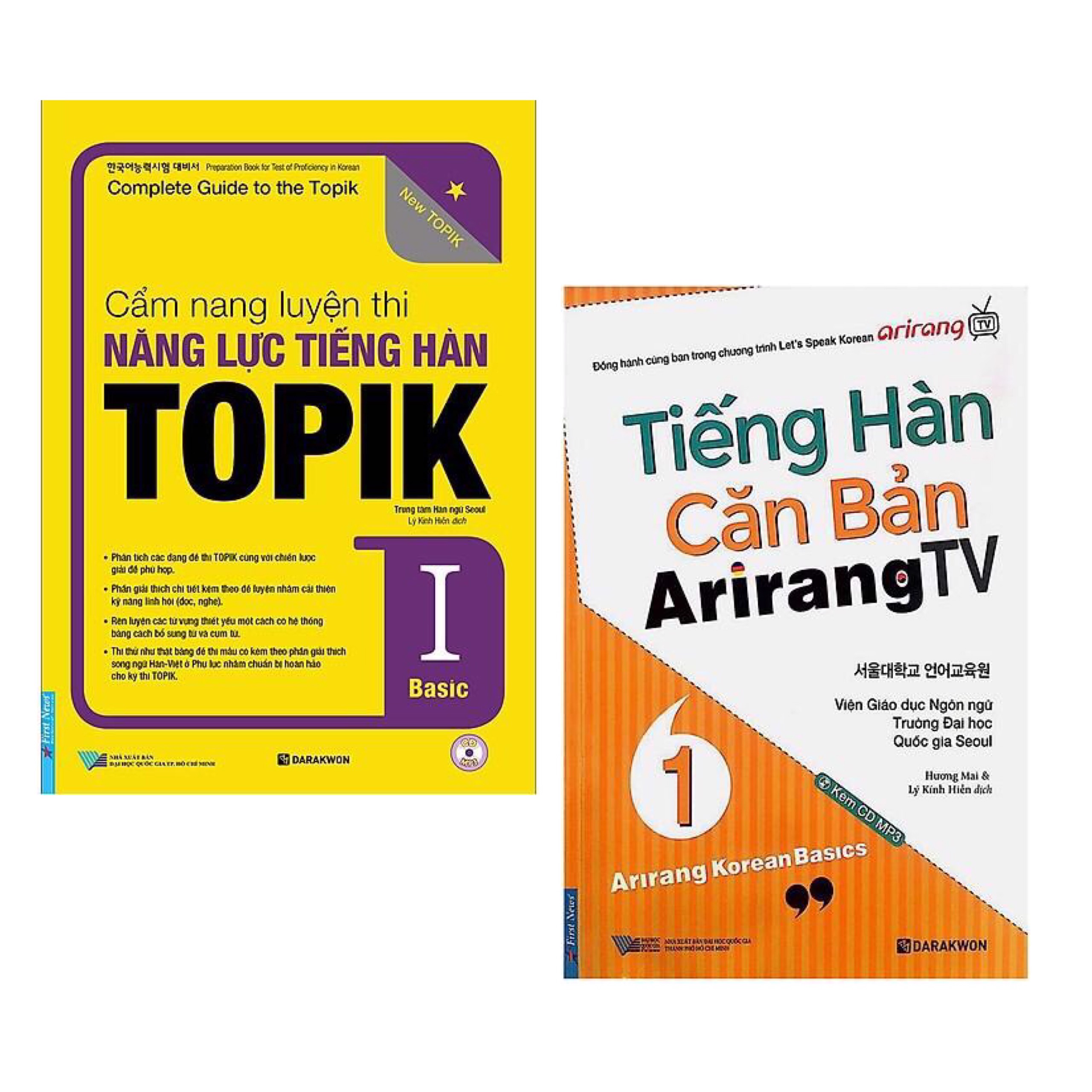 Combo Sách Luyện Thi Tiếng Hàn Hiệu Qủa: Cẩm Nang Luyện Thi Năng Lực Tiếng Hàn TOPIK I Basic  + Tiếng Hàn Căn Bản Arirang TV (Tập 1)