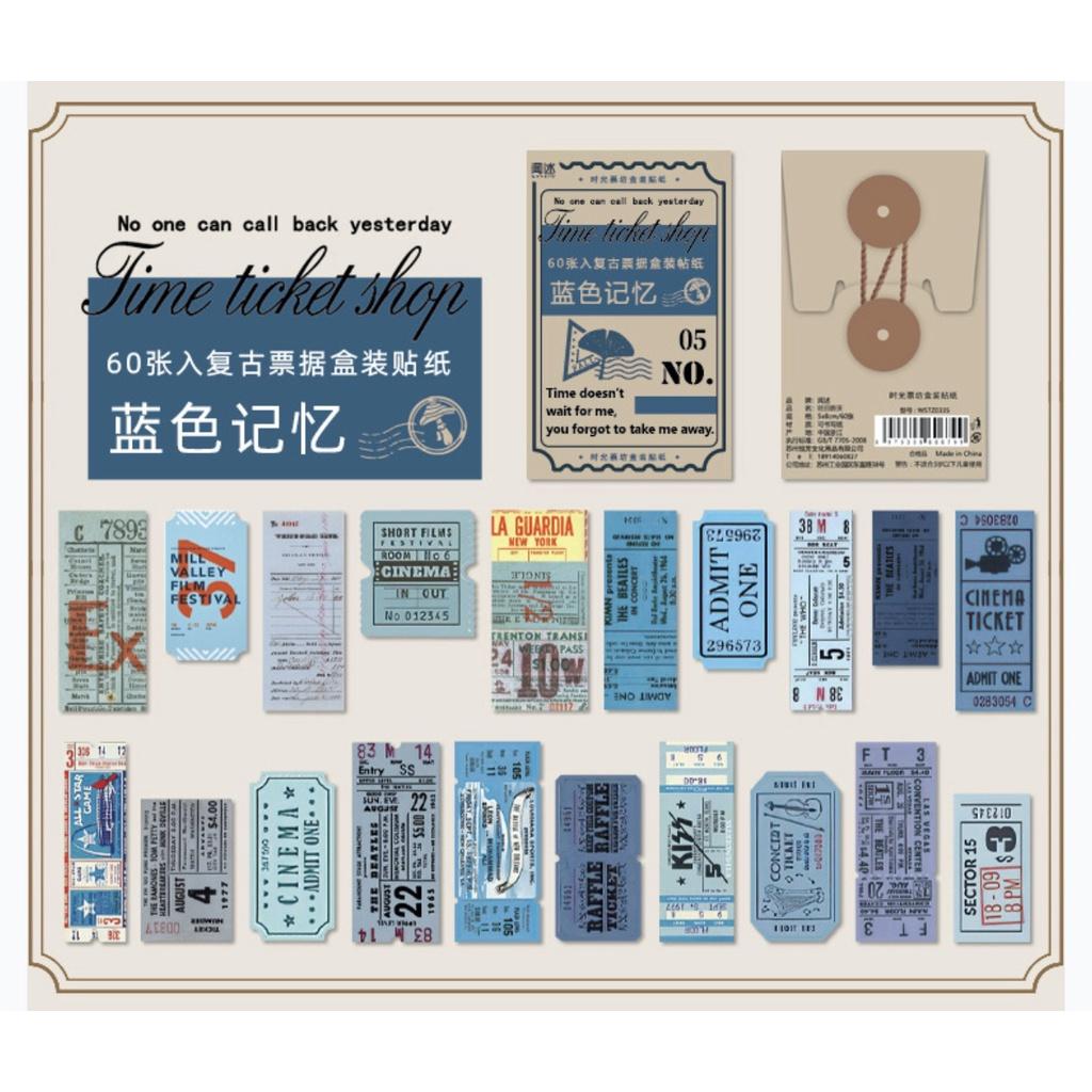 Hộp 60 pcs stickers kiểu vé ticket nhiều tông màu dùng để trang trí vintage cổ điển junkjournal - Tông xanh dương