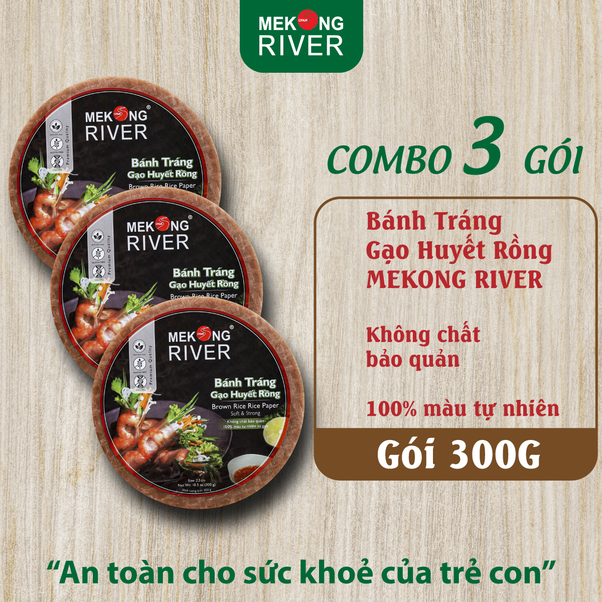 Combo 3 Túi Bánh Tráng Gạo Huyết Rồng MeKong River 22cm 300g