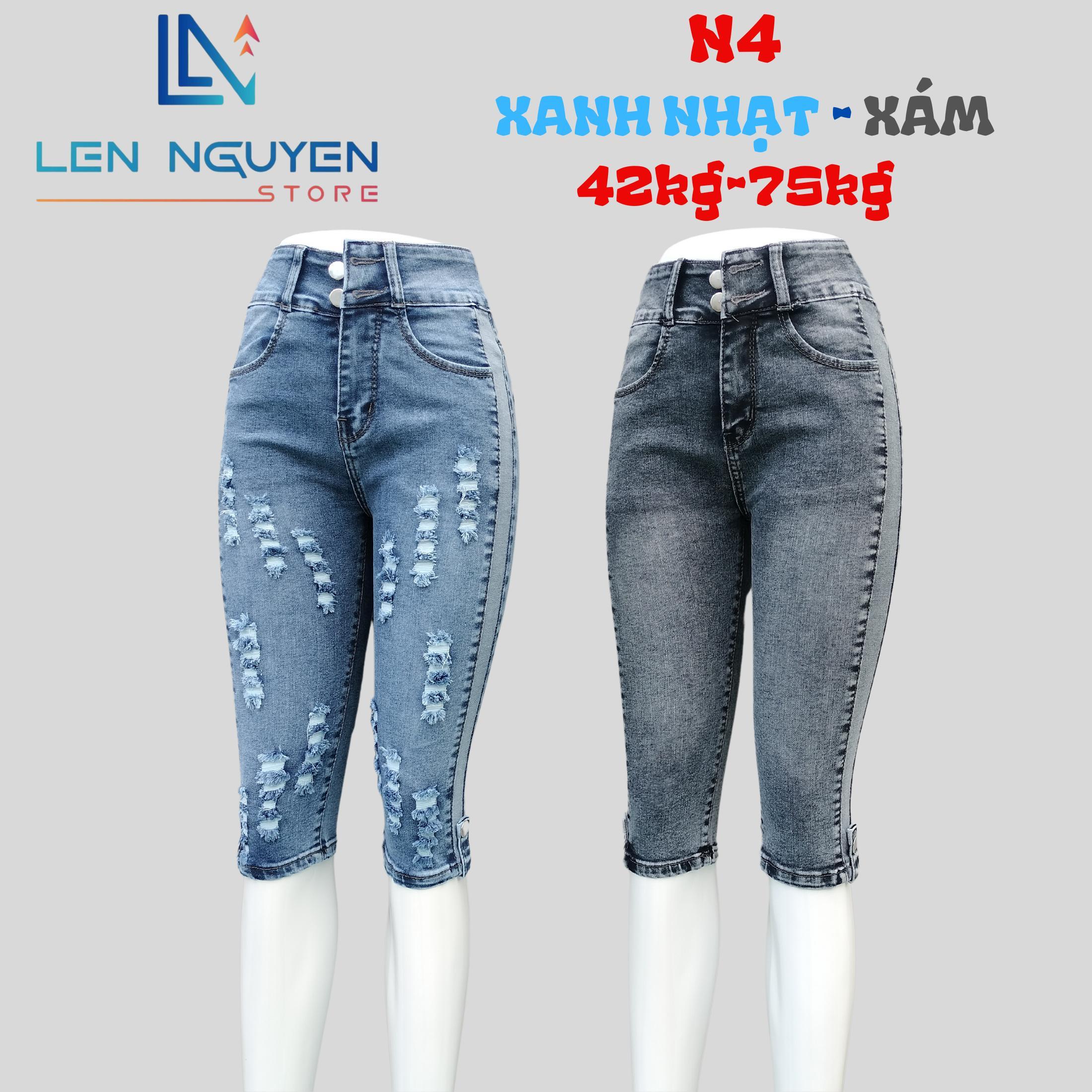 N4_Quần jean nữ, ngố 7 tất, lưng cao, quần bò nữ dáng ôm, quần rin nữ có big size, cho 42kg đến 75kg - Xanh Nhạt