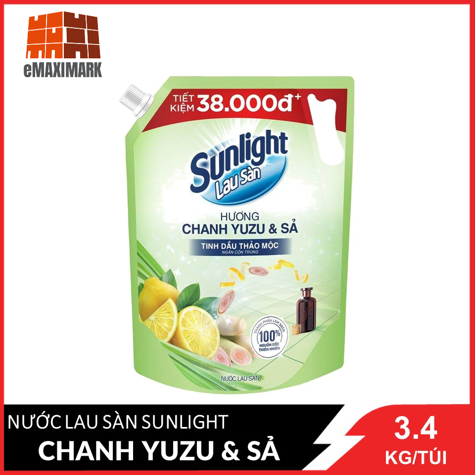 Nước lau sàn Sunlight Thiên nhiên chiết xuất Chanh Zuzu &amp; Sả túi 3.4 Kg