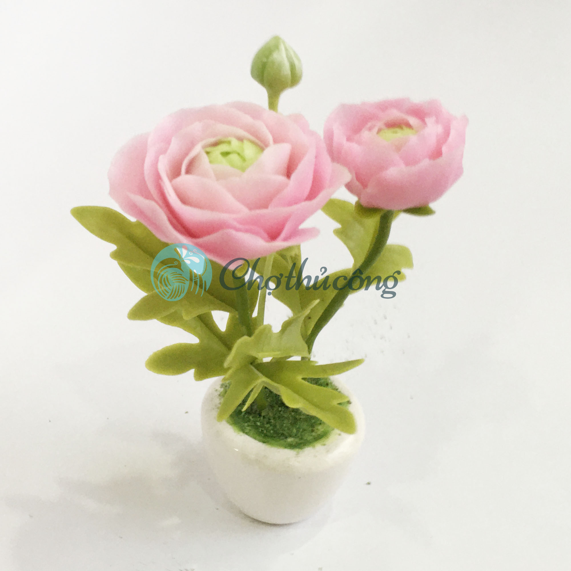 Chậu hoa đất sét mini - Cây hoa mao lương / Ranunculus - Quà tặng trang trí handmade