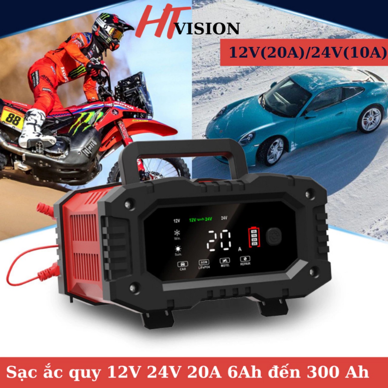 Hàng Nhật: Sạc Bình FOXSUR 12V-24V 300Ah Thông Minh 7 Giai Đoạn, Tự Ngắt, Phục Hồi Ắc Quy&quot;