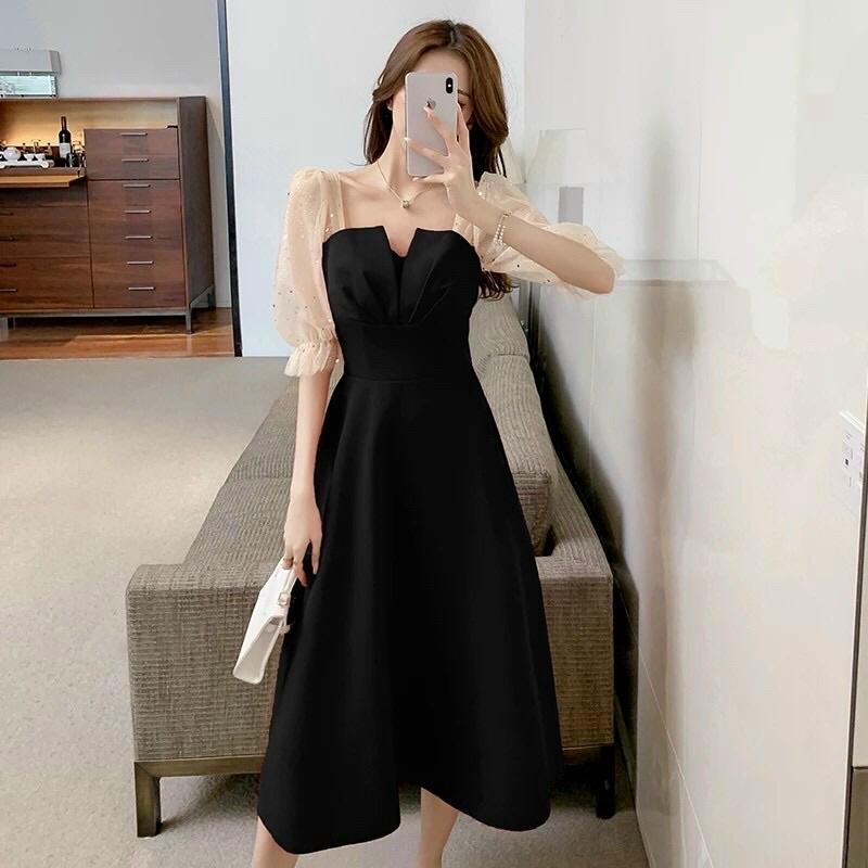 Đầm xoè cổ vuông xếp ly ngực, tay lỡ phong cách tiểu thư dịu dàng sang chảnh