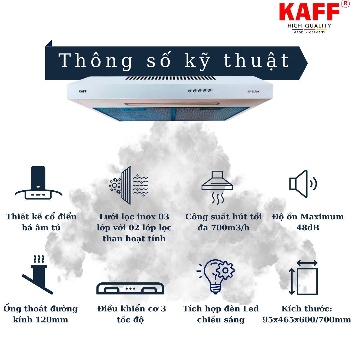 Máy hút mùi cổ điển màu trắng 600mm KAFF KF_SL60KW Tặng bộ lọc than thay thế _ Hàng Chính Hãng