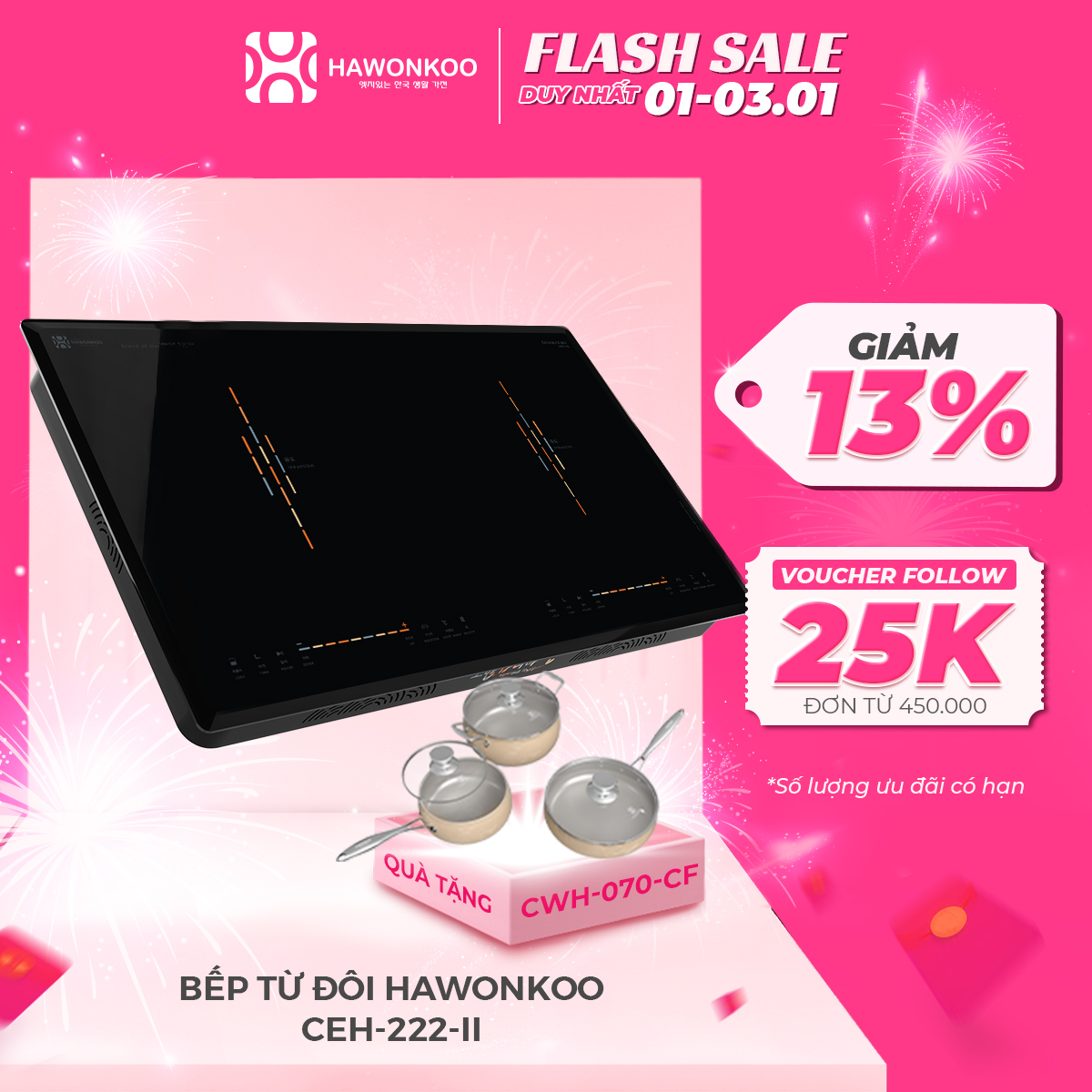 Bếp Điện Từ Đôi HAWONKOO CEH-222-II Gia Nhiệt Nhanh 3800W Hàng Chính Hãng Bảo Hành 12 Tháng - Thương Hiệu Hàn Quốc