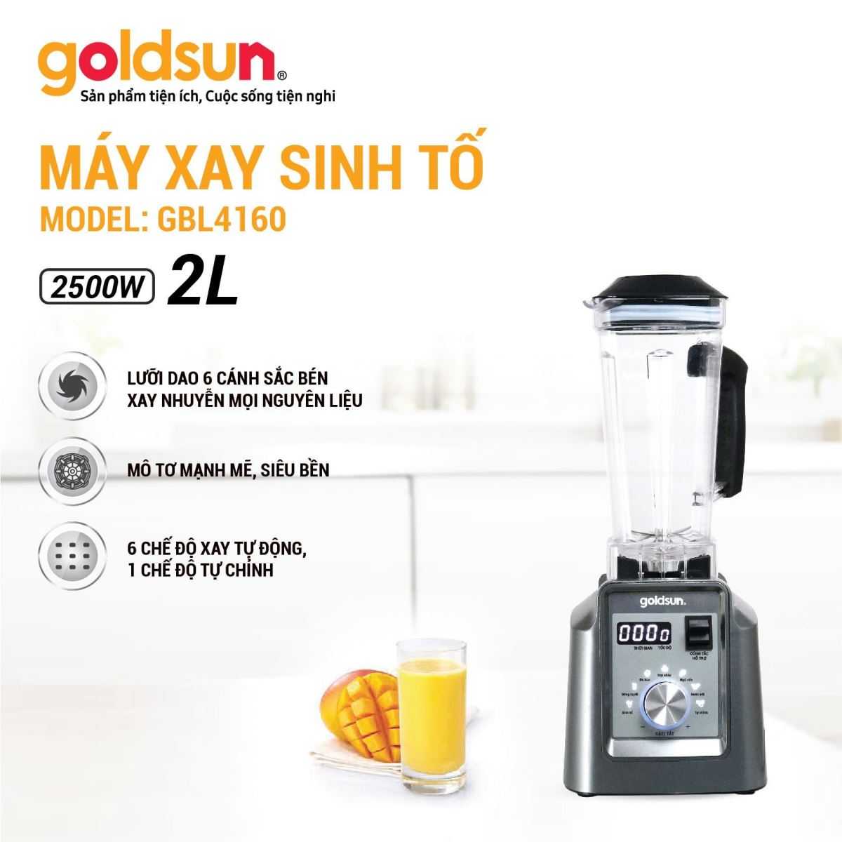 Máy Xay Sinh Tố Công Suất Cao GOLDSUN GBL4160 Thiết Kế Sang Trọng 7 Cấp Độ Xay Dung Tích 2L Công Suất 2500 W - Hàng Chính Hãng