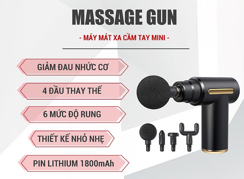 Máy massage toàn thân 4 đầu thay và 6 chế độ rung giảm đau mỏi cơ - Súng mát xa mini cầm tay cho nam và nữ, dùng cho cổ vai gáy, lưng, hông, chân, tay....