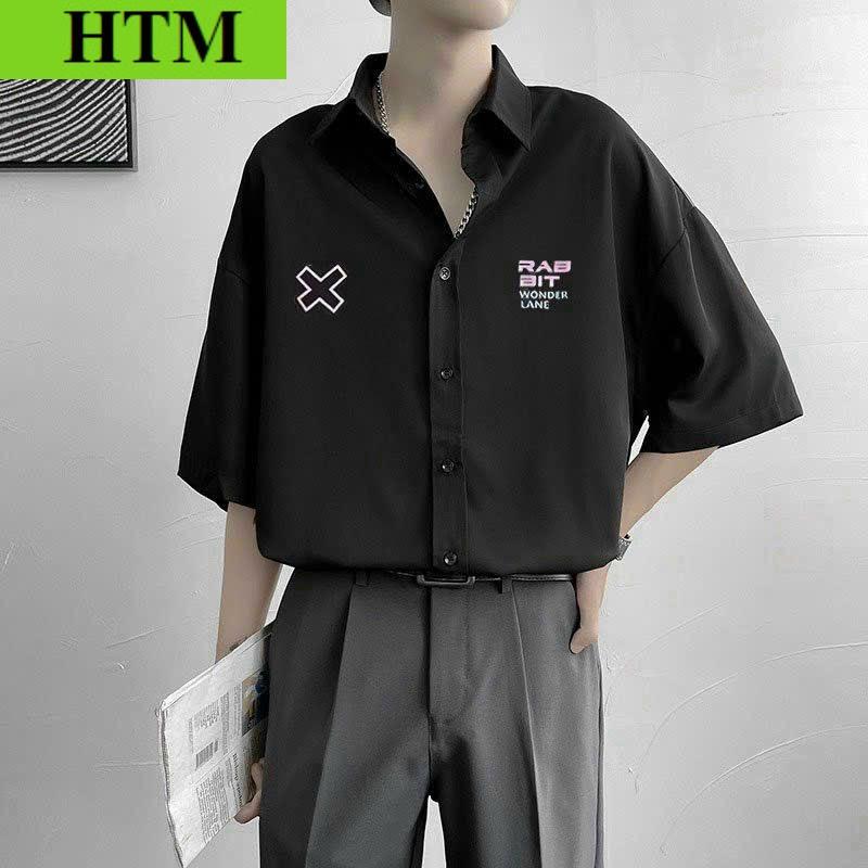 [FREESHIP] Áo Sơ Mi Nam Form Dáng Tay Lỡ Chất Liệu vải Mịn Mát Mẻ Hình In Rõ Nét Hàng Hot Trend HTM FASHION - Đen