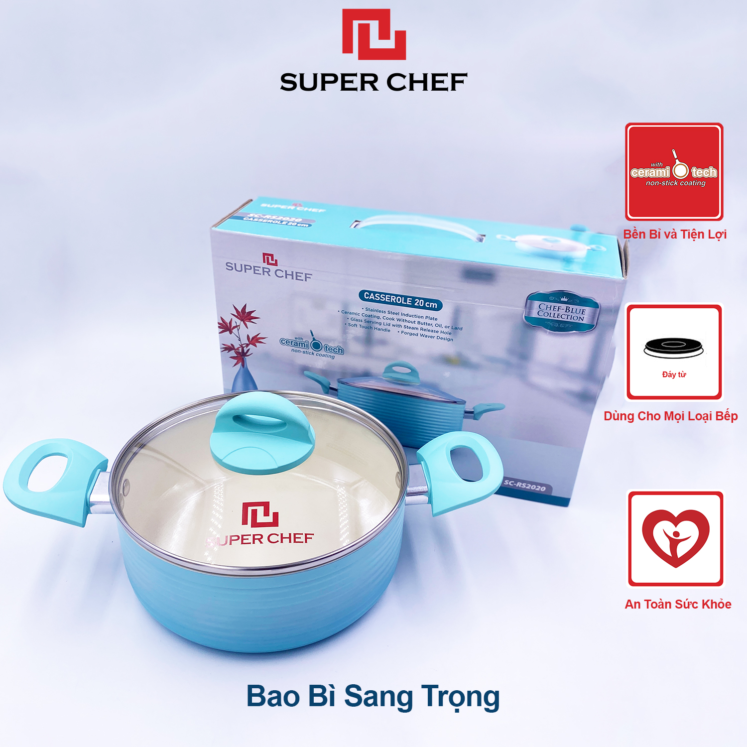 Nồi Chống Dính Ceramic Đáy Từ Cao Cấp Chef Blue Thiết Kế Mới, An Toàn Sức Khỏe, Siêu Bền Bỉ Không Bong Tróc, Hạn Chế Trầy Xước ( 20- 24cm)