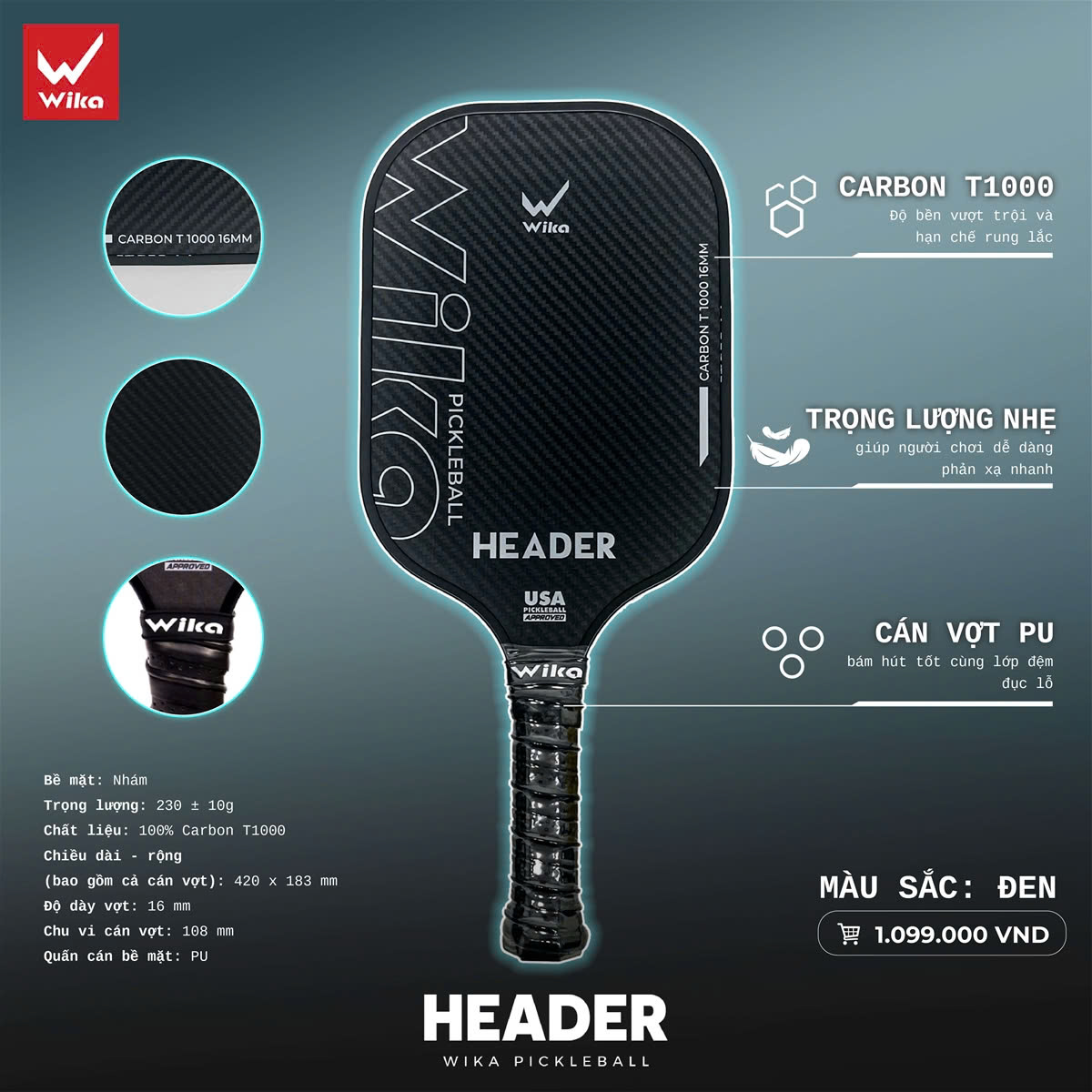 Vợt Pickleball Header Màu Đen Chính hãng