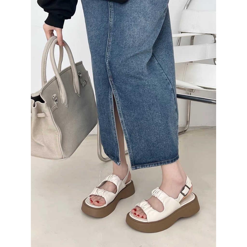 SANDAL xuồng đế cao 5 phân hàng đẹp Vituni giày nữ 2 quai ngang nhún bèo dễ thương D251