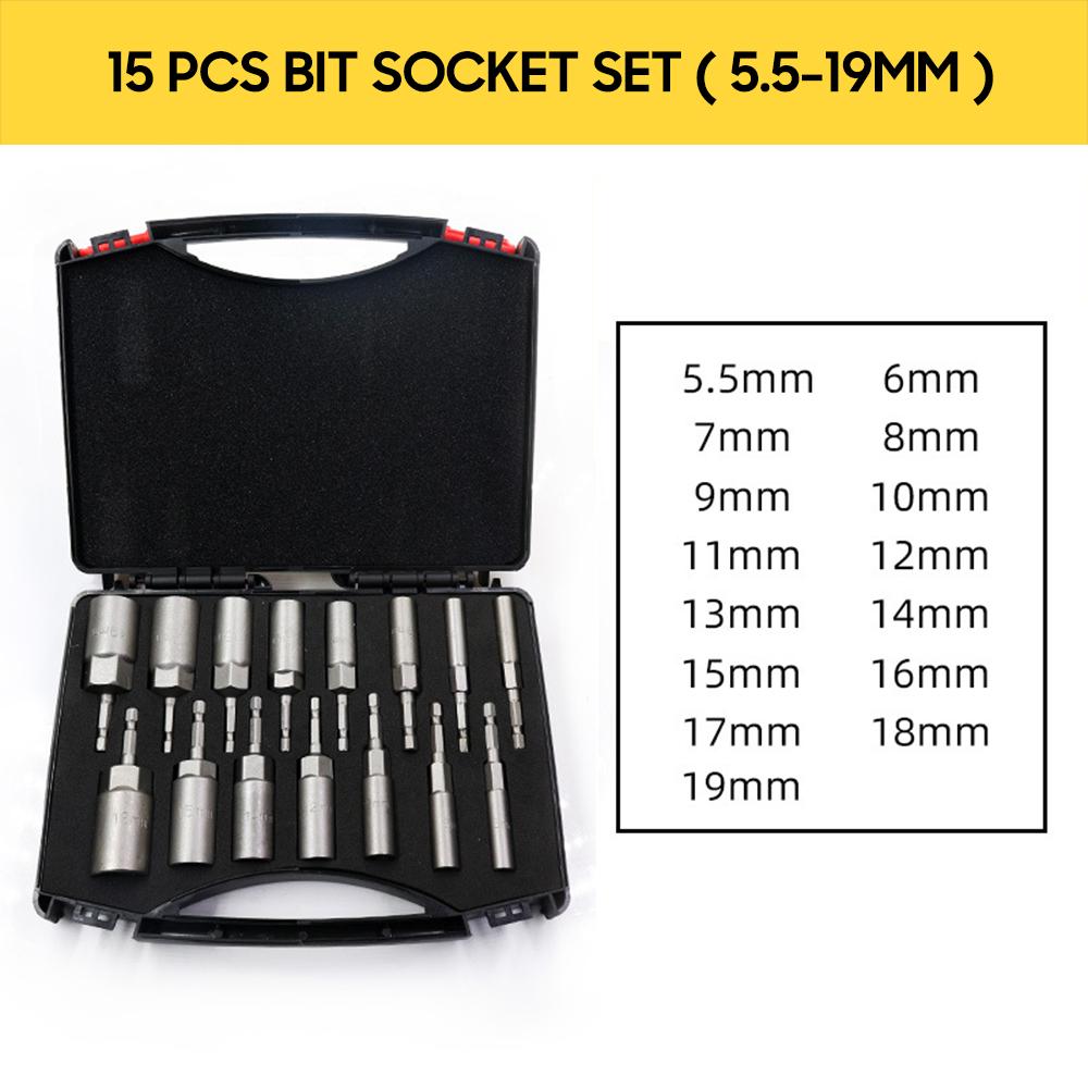 15 Pcs Power Nut Driver Drill Bit Set 5.5-19mm Chrome Vanadium Steel Hex Bit Socket Set Wrench Screw Drill Bit Holder for Electric Drill with Storage Case