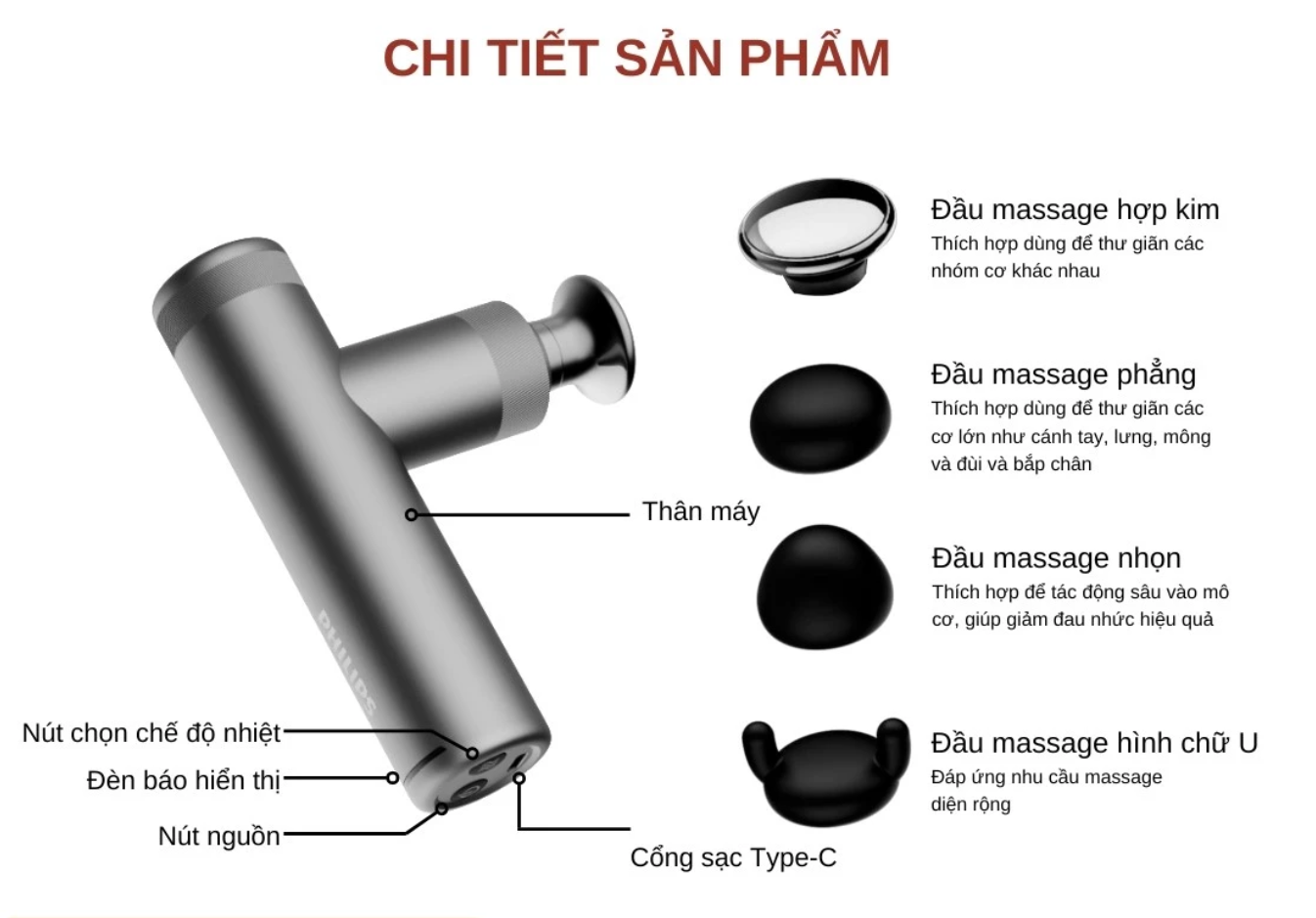 Máy Massage Cầm Tay Philips PPM7307 - Chườm Nóng - 4 Đầu Massage Đa Năng - Hàng chính hãng